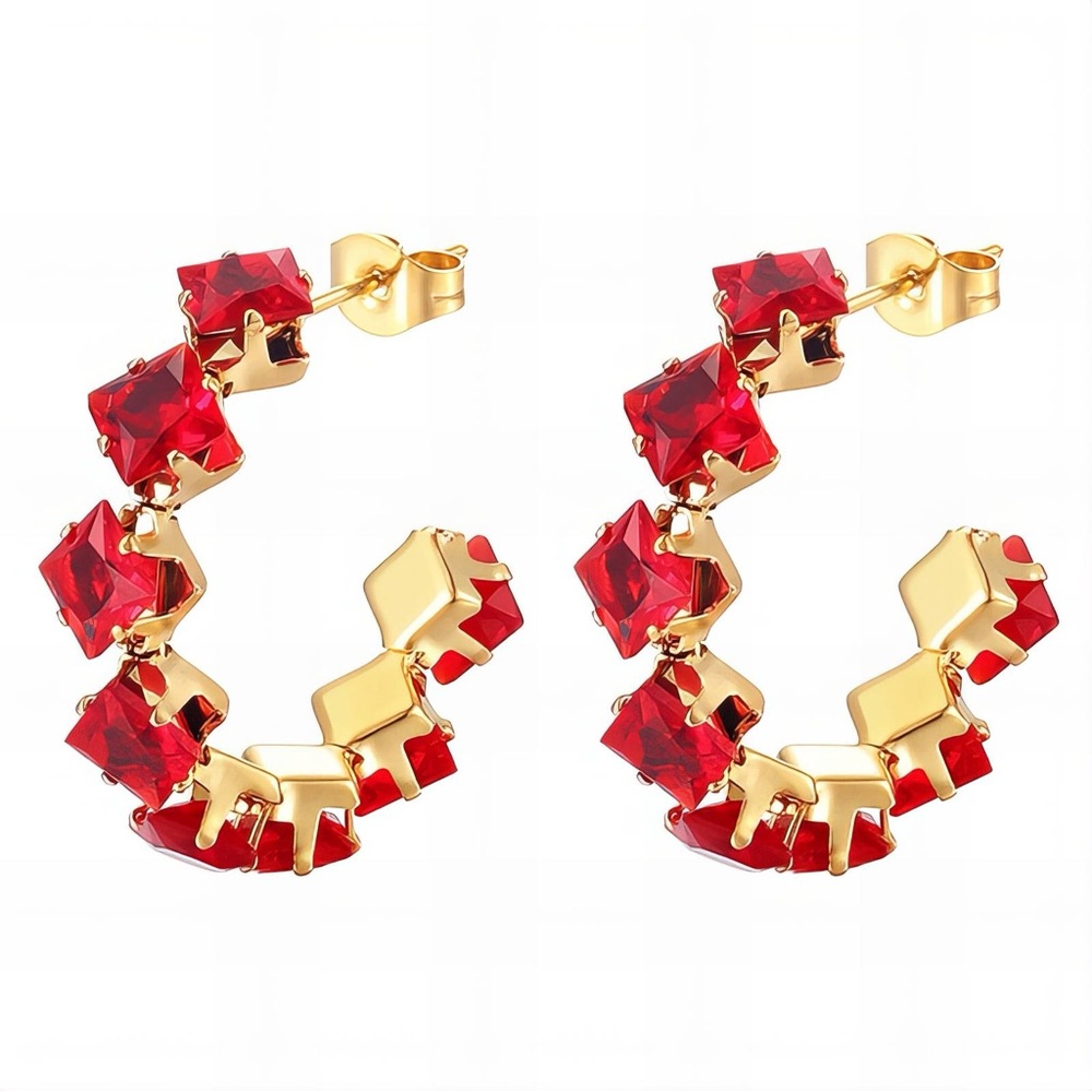Vibrant Red and Gold Hoop Earrings with Checkerboard Design 18k Gold Plated